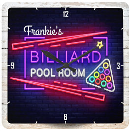Personalisiert NAME Neon Style Billiards Billardti Quadratische Wanduhr