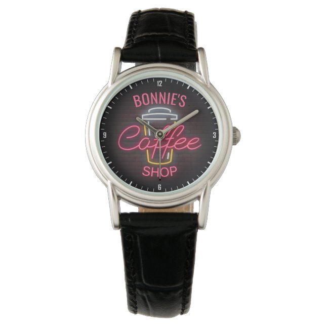 Personalisiert NAME Neon Style Coffee Shop Custom Armbanduhr (Vorderseite)