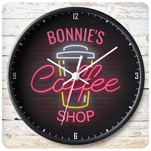 Personalisiert NAME Neon Style Coffee Shop Custom Große Wanduhr