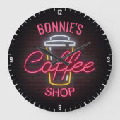 Personalisiert NAME Neon Style Coffee Shop Custom Große Wanduhr (Vorderseite)