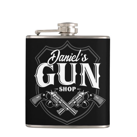 Personalisiert NAME Old Revolvers Gun Shop Feuerwa Flachmann (Vorderseite)