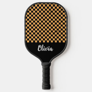 Personalisiert Name Orange und Schwarz Schachbrett Pickleball Schläger