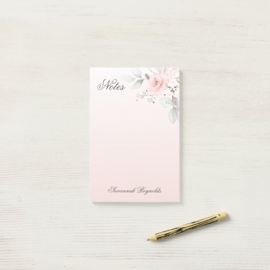 Personalisiert Name PINK FLORAL ROSE Notepad Post-it Klebezettel (Auf Schreibtisch)