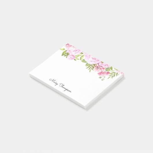 Personalisiert Name Pink Floral Script Post-it Klebezettel (angewinkelt)