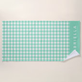 Personalisiert Name Retro Mint Green Gingham Karie Strandtuch (Vorderseite)