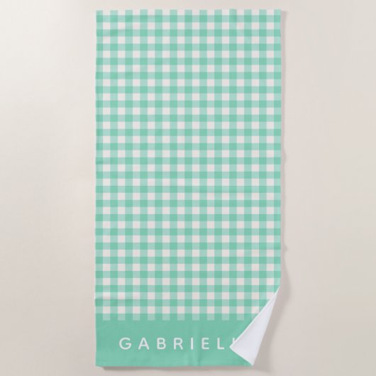 Personalisiert Name Retro Mint Green Gingham Karie Strandtuch (Vorderseite)
