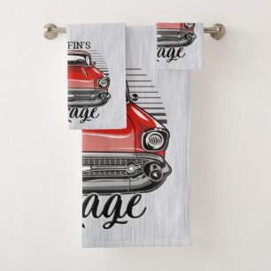 Personalisiert NAME Retro Red Classic Autogarage Badhandtuch Set