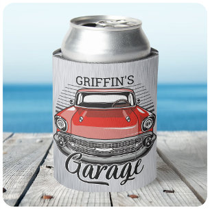 Personalisiert NAME Retro Red Classic Autogarage Dosenkühler
