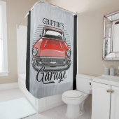 Personalisiert NAME Retro Red Classic Autogarage Duschvorhang (Beispiel)