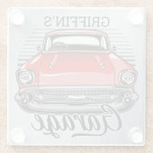 Personalisiert NAME Retro Red Classic Autogarage Glasuntersetzer (Rückseite)