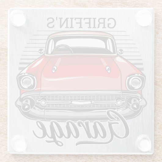 Personalisiert NAME Retro Red Classic Autogarage Glasuntersetzer (Rückseite)