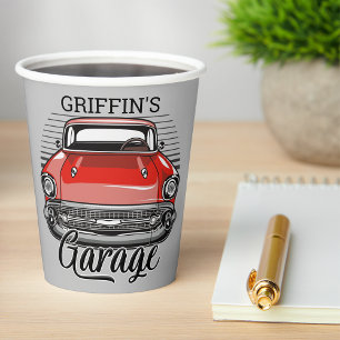 Personalisiert NAME Retro Red Classic Autogarage Pappbecher