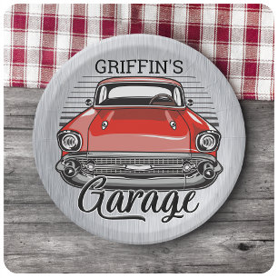 Personalisiert NAME Retro Red Classic Autogarage Pappteller