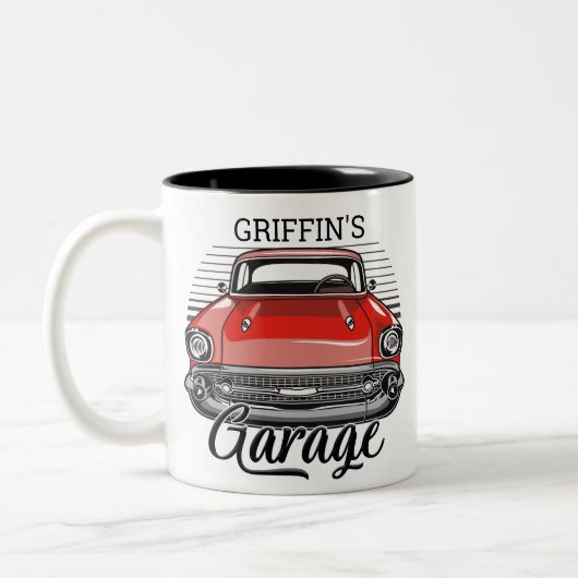 Personalisiert NAME Retro Red Classic Autogarage Zweifarbige Tasse (Links)