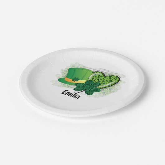 Personalisiert Name St Patricks Day Kleeblatt Clov Pappteller (Schrägansicht)