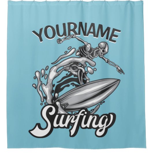 Personalisiert NAME Surfer Big Wave Skeleton Surfe Duschvorhang (Vorderseite)