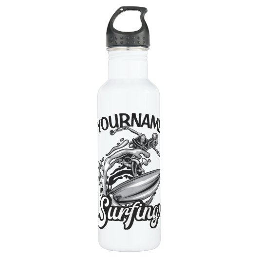 Personalisiert NAME Surfer Big Wave Skeleton Surfe Edelstahlflasche (Vorderseite)