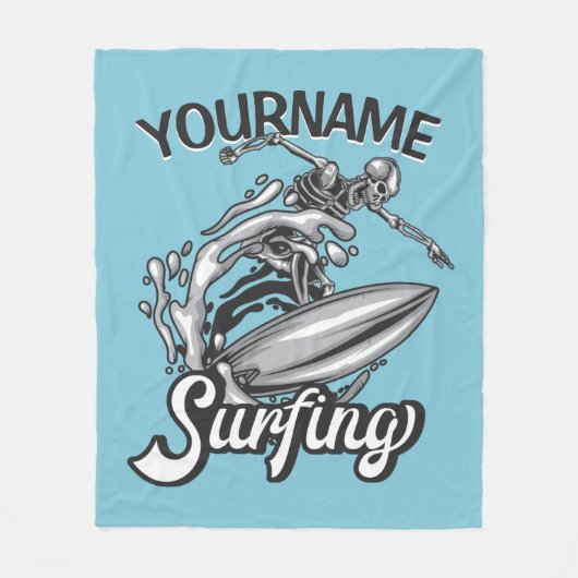 Personalisiert NAME Surfer Big Wave Skeleton Surfe Fleecedecke (Vorderseite)