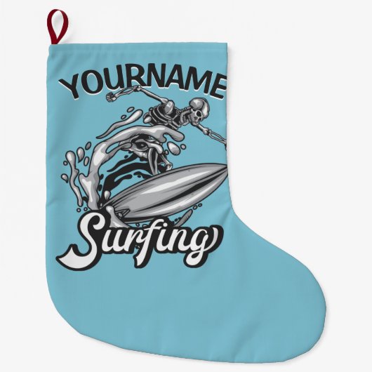 Personalisiert NAME Surfer Big Wave Skeleton Surfe Großer Weihnachtsstrumpf (Vorderseite)