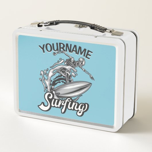 Personalisiert NAME Surfer Big Wave Skeleton Surfe Metall Brotdose (Rückseite)
