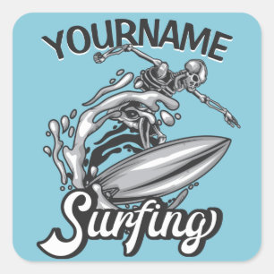 Personalisiert NAME Surfer Big Wave Skeleton Surfe Quadratischer Aufkleber