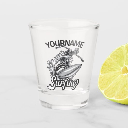Personalisiert NAME Surfer Big Wave Skeleton Surfe Schnapsglas (Vorderseite)