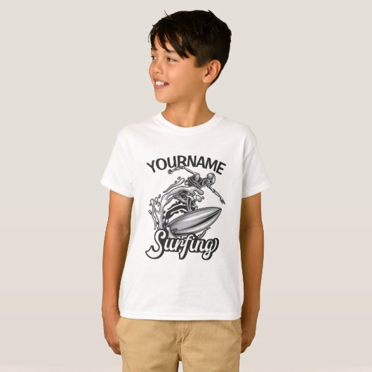 Personalisiert NAME Surfer Big Wave Skeleton Surfe T-Shirt (Vorne ganz)