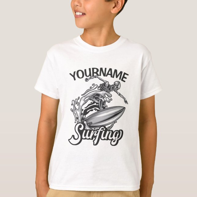 Personalisiert NAME Surfer Big Wave Skeleton Surfe T-Shirt (Vorderseite)