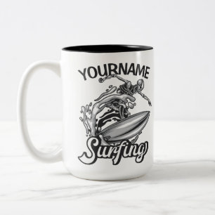 Personalisiert NAME Surfer Big Wave Skeleton Surfe Zweifarbige Tasse