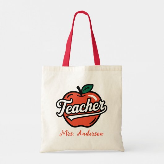 Personalisiert Name Teacher Red Apple Tragetasche (Rückseite)