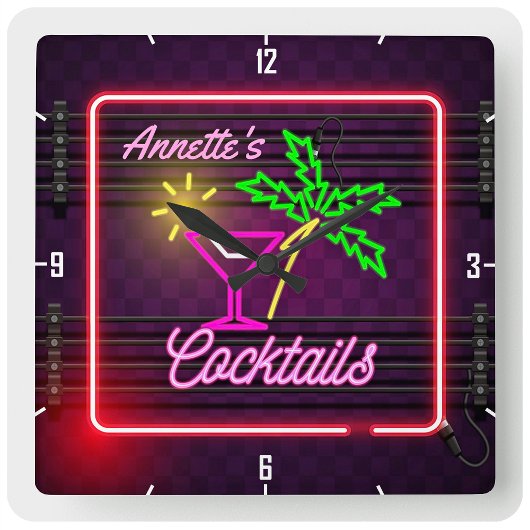 Personalisiert NAME Tropischer Neon Style Cocktail Quadratische Wanduhr