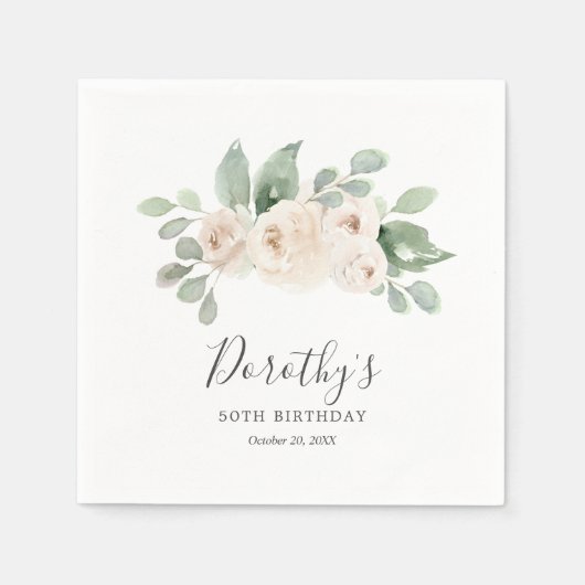 Personalisiert Napkins 50. Geburtstagsweiße Rose Serviette (Vorderseite)