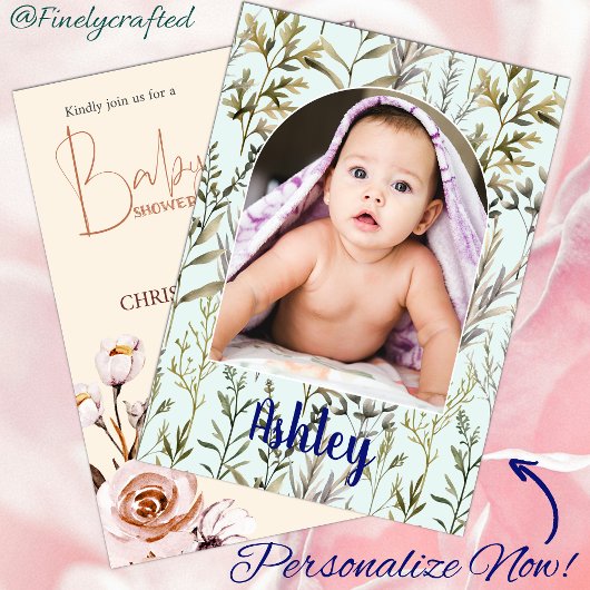Personalisiert Nature Floral Foto Babydusche Einladung