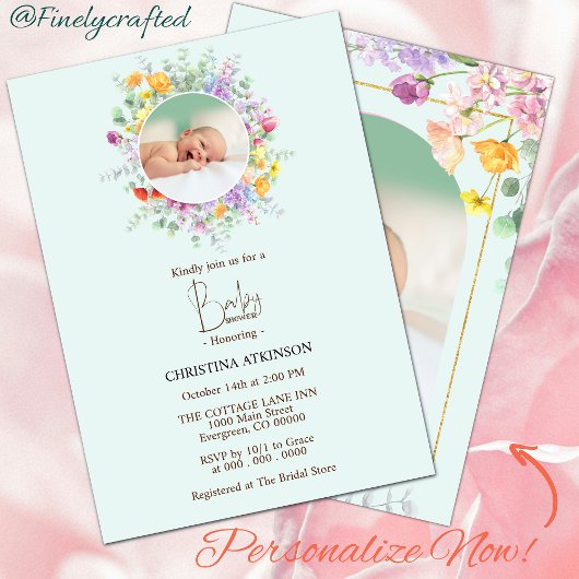 Personalisiert Nature Wildblume Foto Kinderdusche Einladung