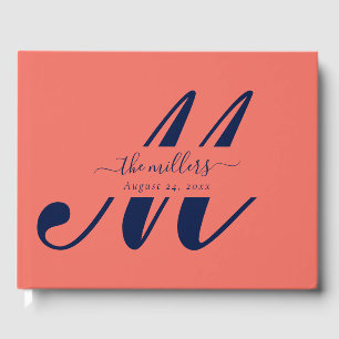 Personalisiert Navy Blue and Coral Script Monogram Gästebuch
