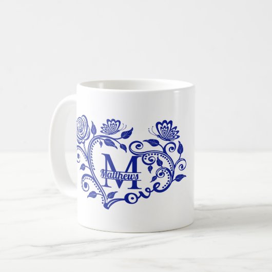 Personalisiert Navy Blue Floral Monogram m Kaffeetasse (Vorderseite Links)