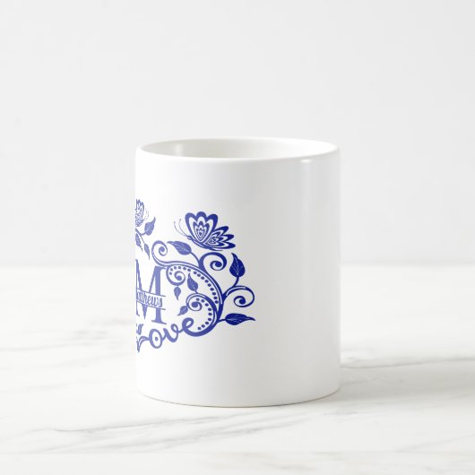 Personalisiert Navy Blue Floral Monogram m Kaffeetasse (Mittel)