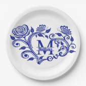 Personalisiert Navy Blue Floral Monogram m Pappteller (Vorderseite)