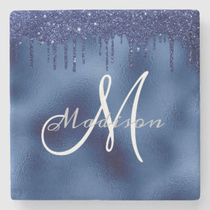 Personalisiert Navy Blue Glitzer Monogram Custom Steinuntersetzer