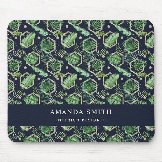 Personalisiert Navy Blue Gold Palm Blätter Botanic Mousepad (Vorne)