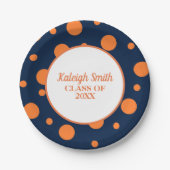 Personalisiert Navy Blue Orange Polka Dot Abschlus Pappteller (Vorderseite)
