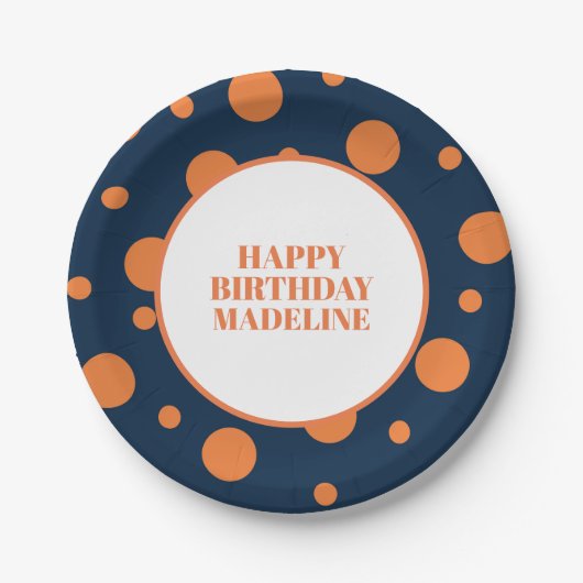 Personalisiert Navy Blue Orange Polka Dot Birthday Pappteller (Vorderseite)