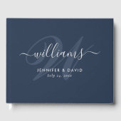 Personalisiert Navy Blue und Silver Monogram Weddi Gästebuch (Vorderseite)