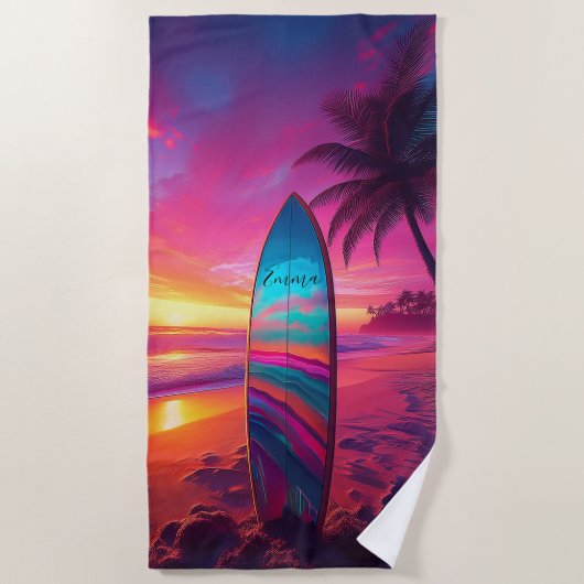 Personalisiert Neon Sunset Surf Strandtuch (Vorderseite)