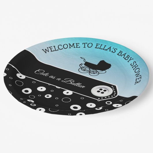 Personalisiert Niedlich als Button Baby Dusche Pappteller (Schrägansicht)