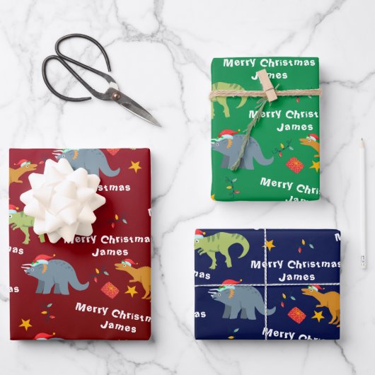 Personalisiert Niedlicher Dinosaurier Weihnachten Geschenkpapier Set (Vorderseite)