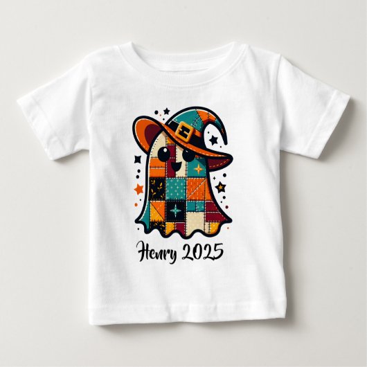 Personalisiert Niedliches Patchwork-Ghost-Hallowee Baby T-shirt (Vorderseite)