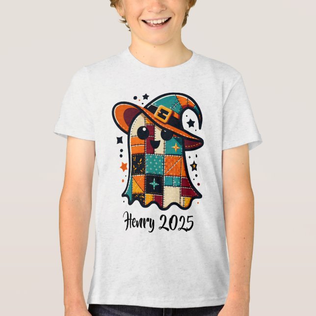 Personalisiert Niedliches Patchwork-Ghost-Hallowee Tri-Blend Shirt (Vorderseite)
