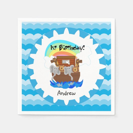Personalisiert Noah's Ark 1. Geburtstagspapier Nap Serviette (Vorderseite)