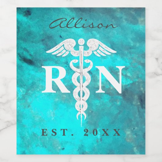Personalisiert Nurse Abschluss Turquoise Caduceus Weinetikett (Einzelnes Label)